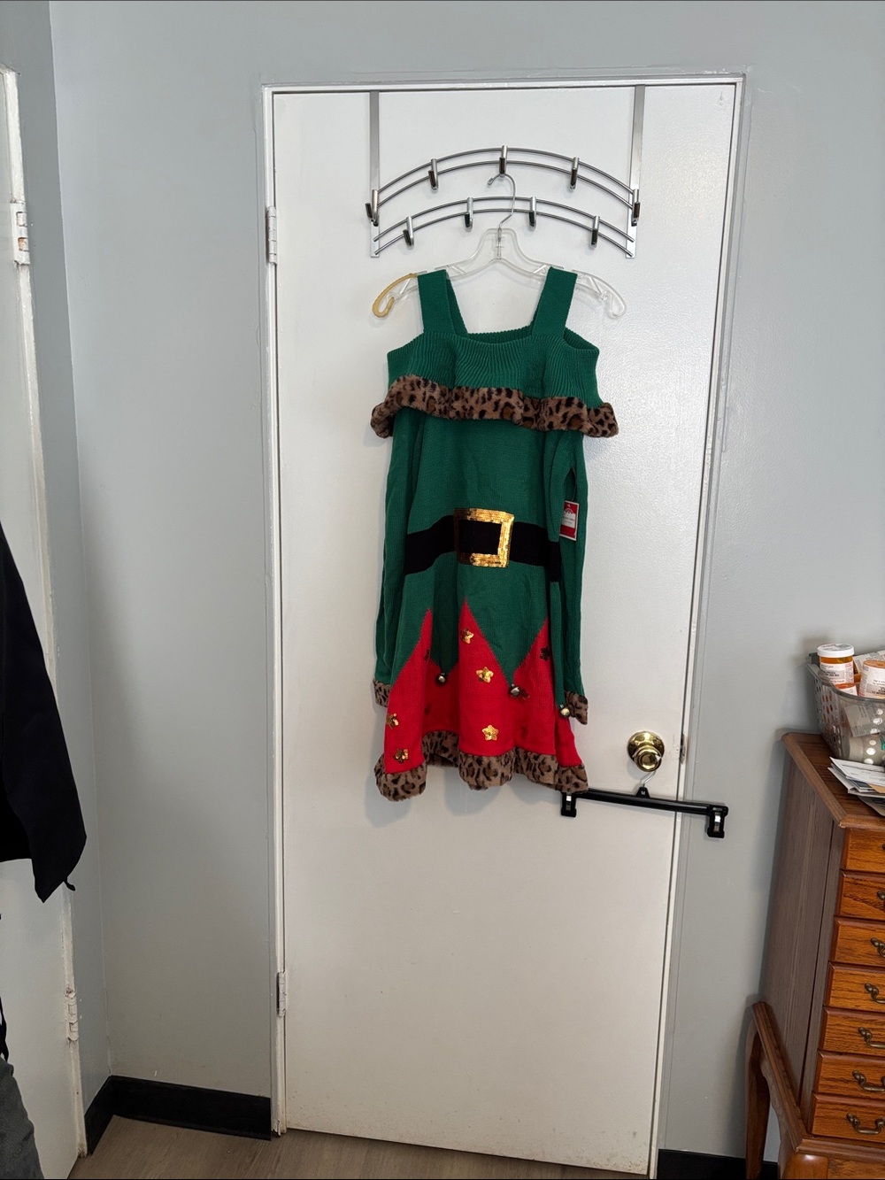 Holiday Time Green and Red Elf Dress with Leopard Trim